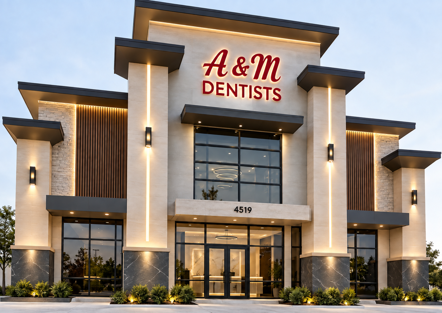 Exterior design concept with red A&M Dentists signage